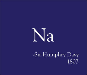 The elemental symbol for sodium (Na) written in white, contrasted against a deep purple background, with the words 'Sir Humphry Davy, 1807'